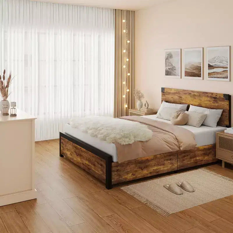 Queen Bed Frame with Storage, 4 Drawers and Heavy Duty Strong Metal Support Bed Frame with Wooden Headboard and Footboard