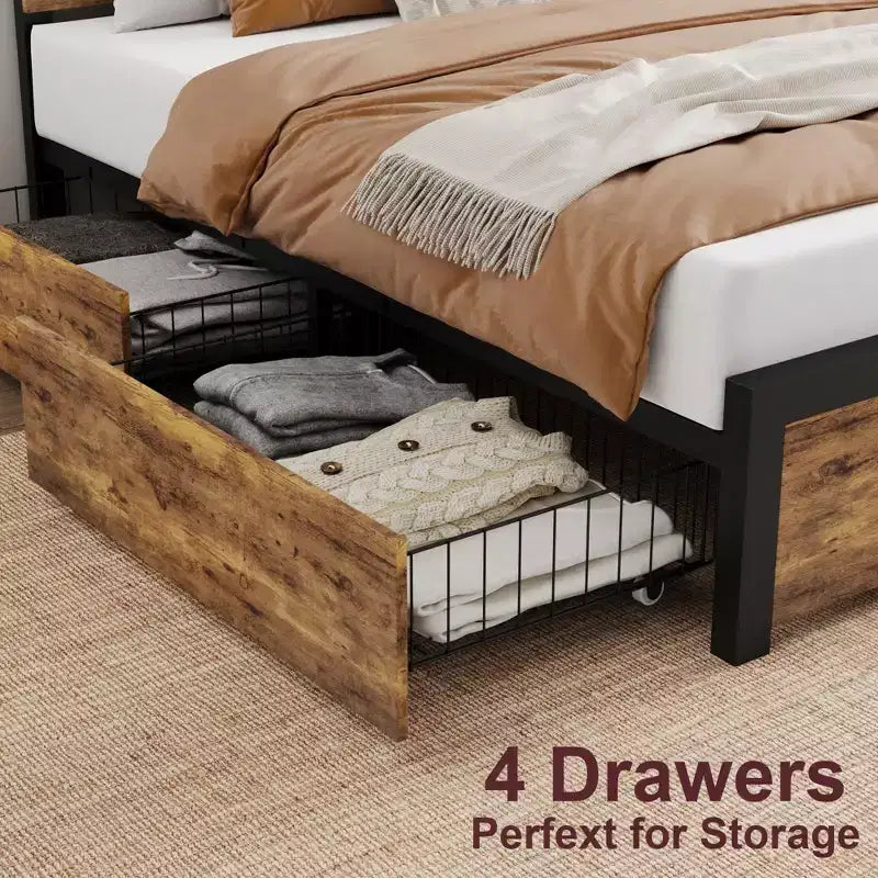 Queen Bed Frame with Storage, 4 Drawers and Heavy Duty Strong Metal Support Bed Frame with Wooden Headboard and Footboard