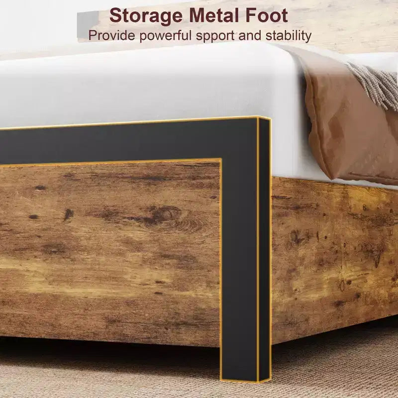 Queen Bed Frame with Storage, 4 Drawers and Heavy Duty Strong Metal Support Bed Frame with Wooden Headboard and Footboard