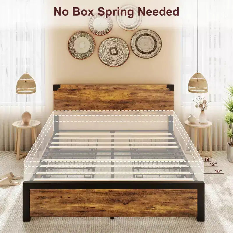 Queen Bed Frame with Storage, 4 Drawers and Heavy Duty Strong Metal Support Bed Frame with Wooden Headboard and Footboard