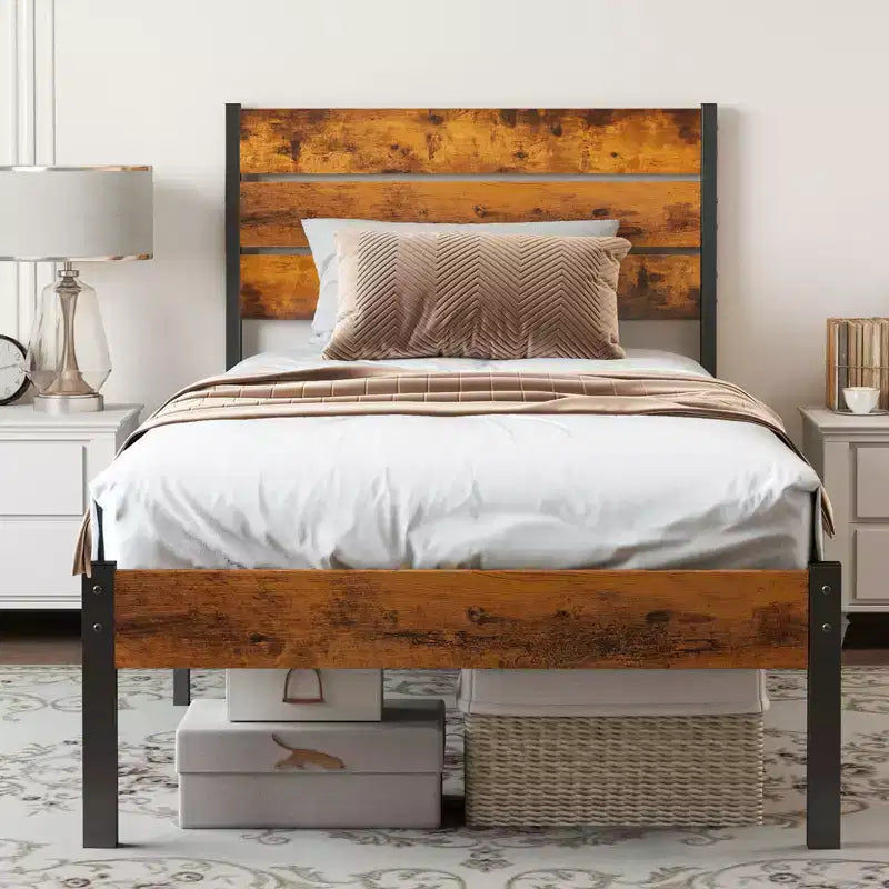 Alvantor Metal Platform Bed Frame with Headboard and Footboard 800LBS Support Wooden Slats No Box Spring Needed Storage Twin