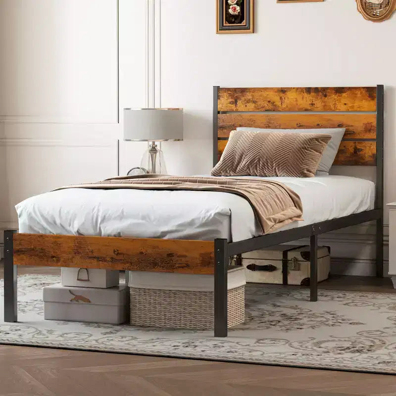 Alvantor Metal Platform Bed Frame with Headboard and Footboard 800LBS Support Wooden Slats No Box Spring Needed Storage Twin