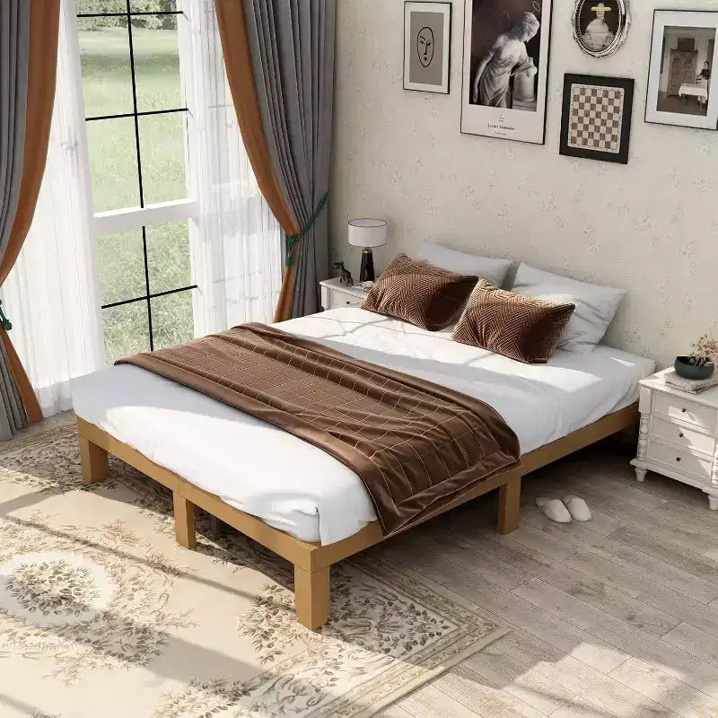 Acekool Solid Wood Platform Bed - Queen Size with Wood Slat Support & Underbed Storage