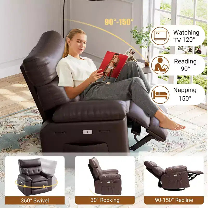 TROPOW Recliner Chair for Adults,PU Leather Electric Rocker Recliner,360 Degree Swivel Lounge Chair with Side Pocket,Modern Massage Recliner Chair