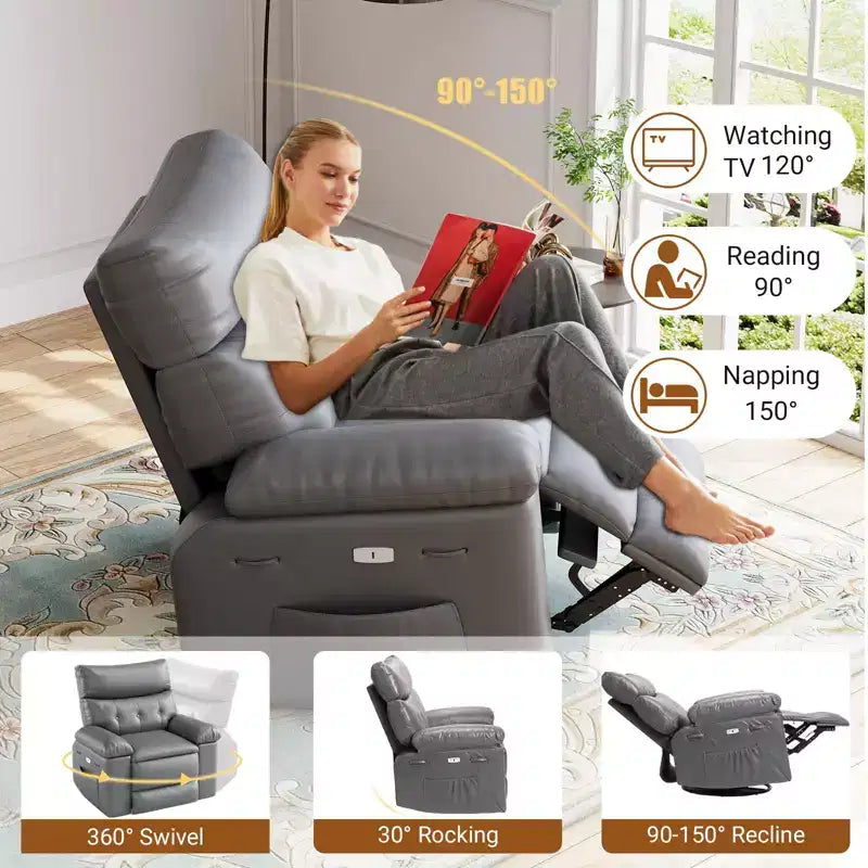 TROPOW Recliner Chair for Adults,PU Leather Electric Rocker Recliner,360 Degree Swivel Lounge Chair with Side Pocket,Modern Massage Recliner Chair
