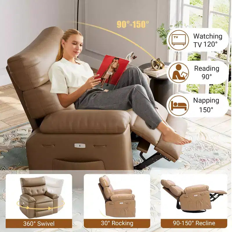 TROPOW Recliner Chair for Adults,PU Leather Electric Rocker Recliner,360 Degree Swivel Lounge Chair with Side Pocket,Modern Massage Recliner Chair