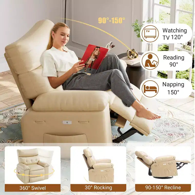 TROPOW Recliner Chair for Adults,PU Leather Electric Rocker Recliner,360 Degree Swivel Lounge Chair with Side Pocket,Modern Massage Recliner Chair