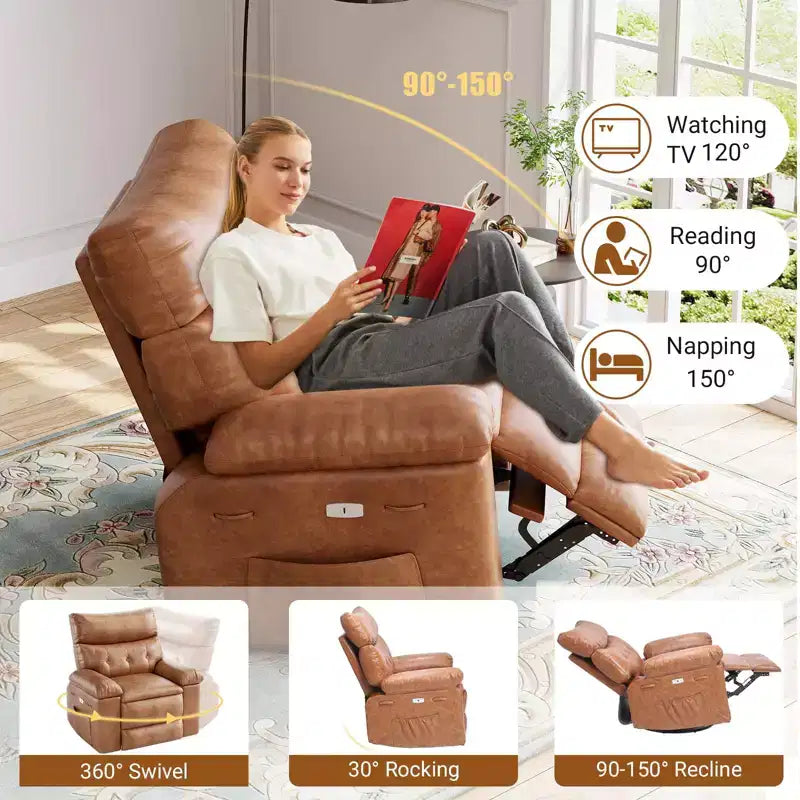 TROPOW Recliner Chair for Adults,PU Leather Electric Rocker Recliner,360 Degree Swivel Lounge Chair with Side Pocket,Modern Massage Recliner Chair