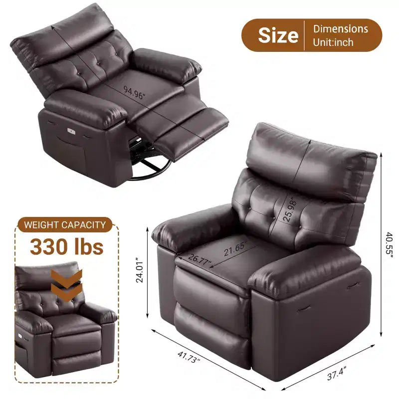 TROPOW Recliner Chair for Adults,PU Leather Electric Rocker Recliner,360 Degree Swivel Lounge Chair with Side Pocket,Modern Massage Recliner Chair