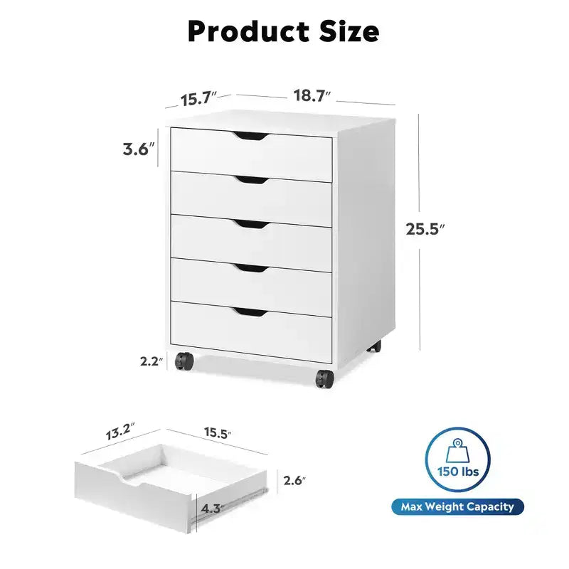 GALAXHERO 5-Drawer Chest, Wood Storage File Cabinet for Home Office or Study, Mobile Design with Wheels