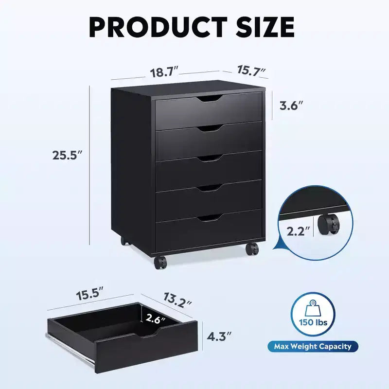 GALAXHERO 5-Drawer Chest, Wood Storage File Cabinet for Home Office or Study, Mobile Design with Wheels