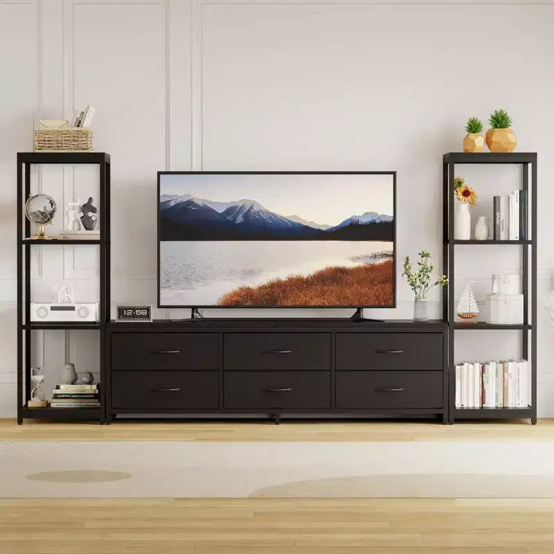 TV Stand Dresser for 75 Inch TV, Large Entertainment Center with Fabric Drawers & 4-Tier Storage Shelves, Industrial TV Console for Living Room