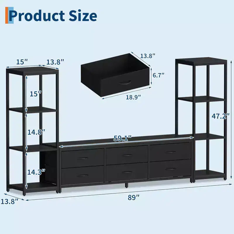 TV Stand Dresser for 75 Inch TV, Large Entertainment Center with Fabric Drawers & 4-Tier Storage Shelves, Industrial TV Console for Living Room