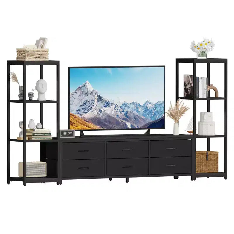TV Stand Dresser for 75 Inch TV, Large Entertainment Center with Fabric Drawers & 4-Tier Storage Shelves, Industrial TV Console for Living Room