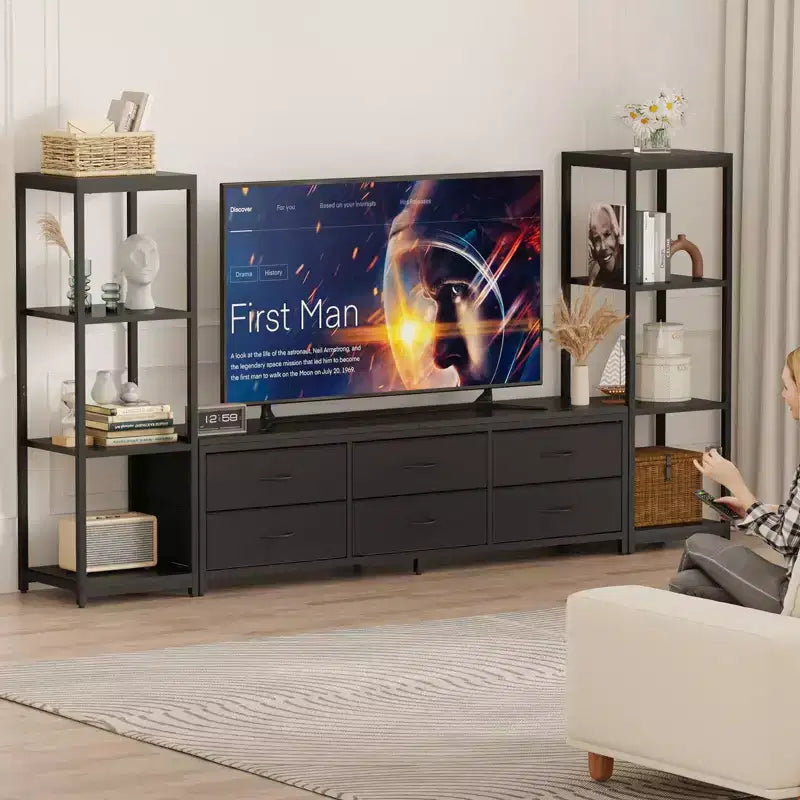 TV Stand Dresser for 75 Inch TV, Large Entertainment Center with Fabric Drawers & 4-Tier Storage Shelves, Industrial TV Console for Living Room