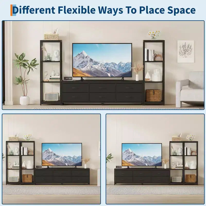 TV Stand Dresser for 75 Inch TV, Large Entertainment Center with Fabric Drawers & 4-Tier Storage Shelves, Industrial TV Console for Living Room