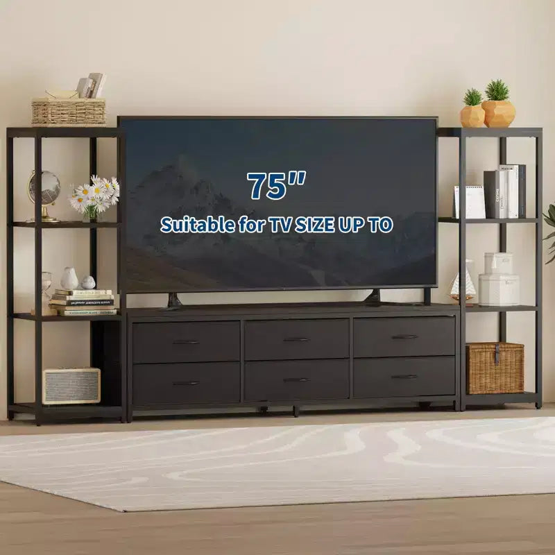 TV Stand Dresser for 75 Inch TV, Large Entertainment Center with Fabric Drawers & 4-Tier Storage Shelves, Industrial TV Console for Living Room