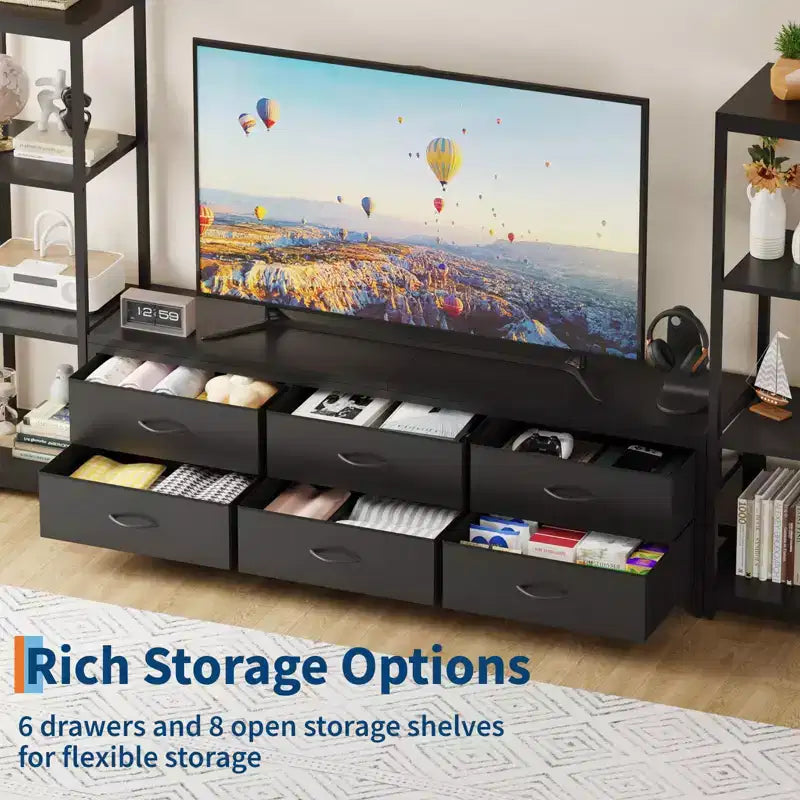 TV Stand Dresser for 75 Inch TV, Large Entertainment Center with Fabric Drawers & 4-Tier Storage Shelves, Industrial TV Console for Living Room