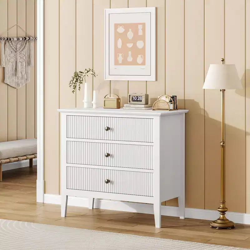 Fluted 3 Drawer Dresser, with Vertical Texture Wood Dresser for Bedroom, Living Room, Entryway,Nightstand with Storage Drawers