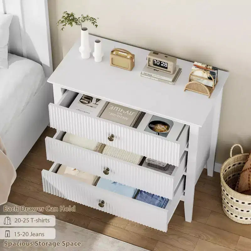 Fluted 3 Drawer Dresser, with Vertical Texture Wood Dresser for Bedroom, Living Room, Entryway,Nightstand with Storage Drawers