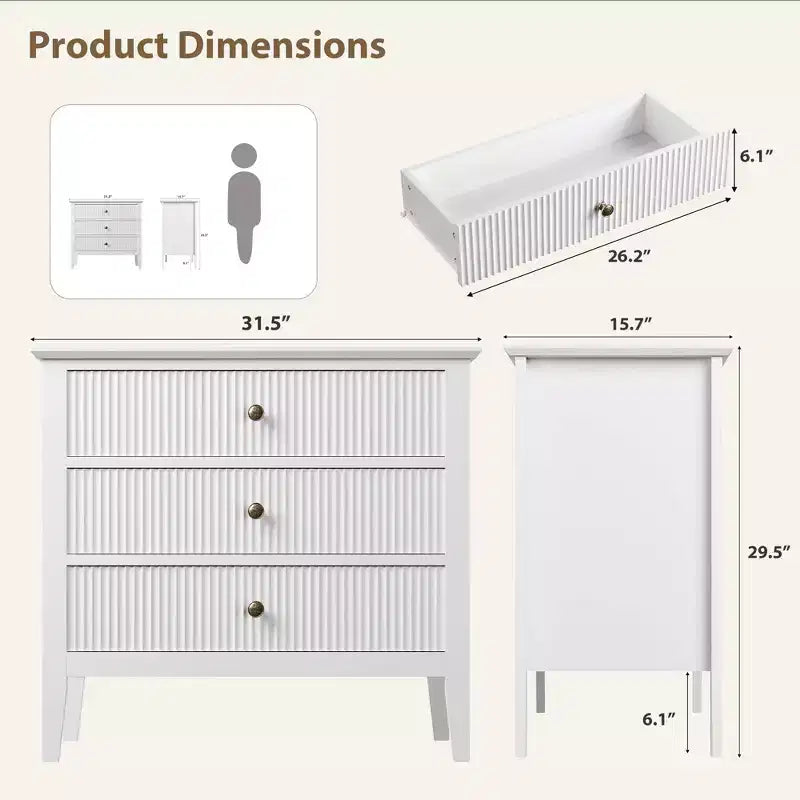 Fluted 3 Drawer Dresser, with Vertical Texture Wood Dresser for Bedroom, Living Room, Entryway,Nightstand with Storage Drawers