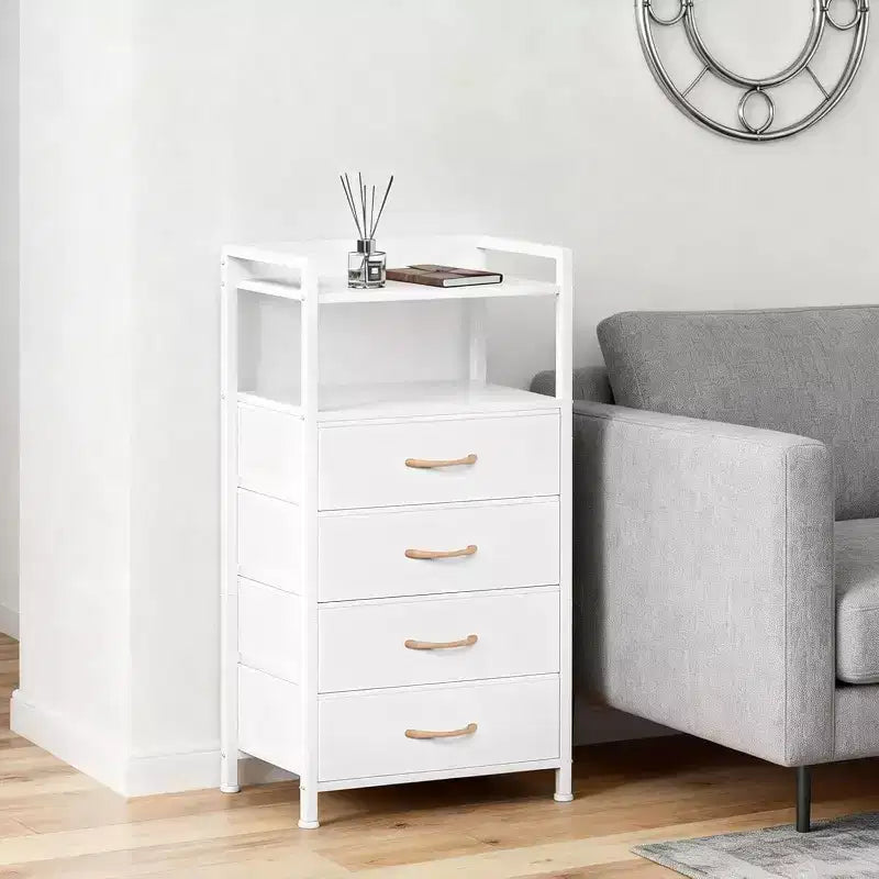 Chest of Drawers for Bedroom, Storage Organizer Unit with 4 Drawers and Open Shelf, Metal Frame, Modern Dresser for Living Room