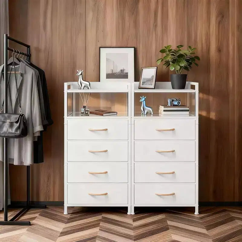 Chest of Drawers for Bedroom, Storage Organizer Unit with 4 Drawers and Open Shelf, Metal Frame, Modern Dresser for Living Room