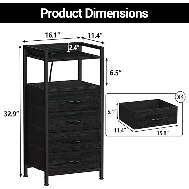 Chest of Drawers for Bedroom, Storage Organizer Unit with 4 Drawers and Open Shelf, Metal Frame, Modern Dresser for Living Room