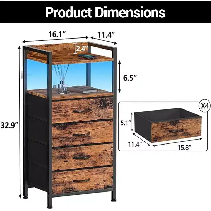 Chest of Drawers for Bedroom, Storage Organizer Unit with 4 Drawers and Open Shelf, Metal Frame, Modern Dresser for Living Room