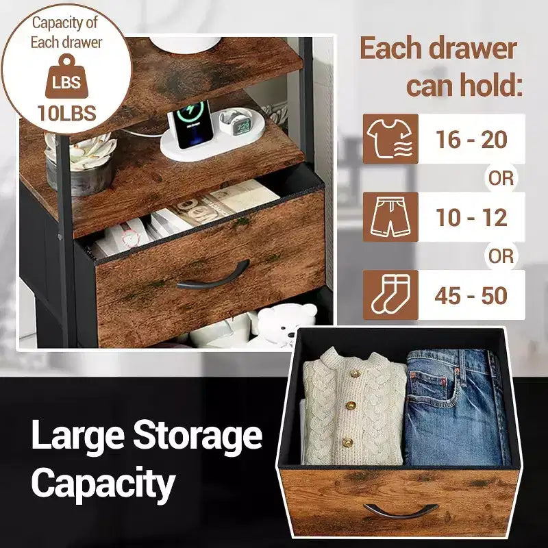 Chest of Drawers for Bedroom, Storage Organizer Unit with 4 Drawers and Open Shelf, Metal Frame, Modern Dresser for Living Room