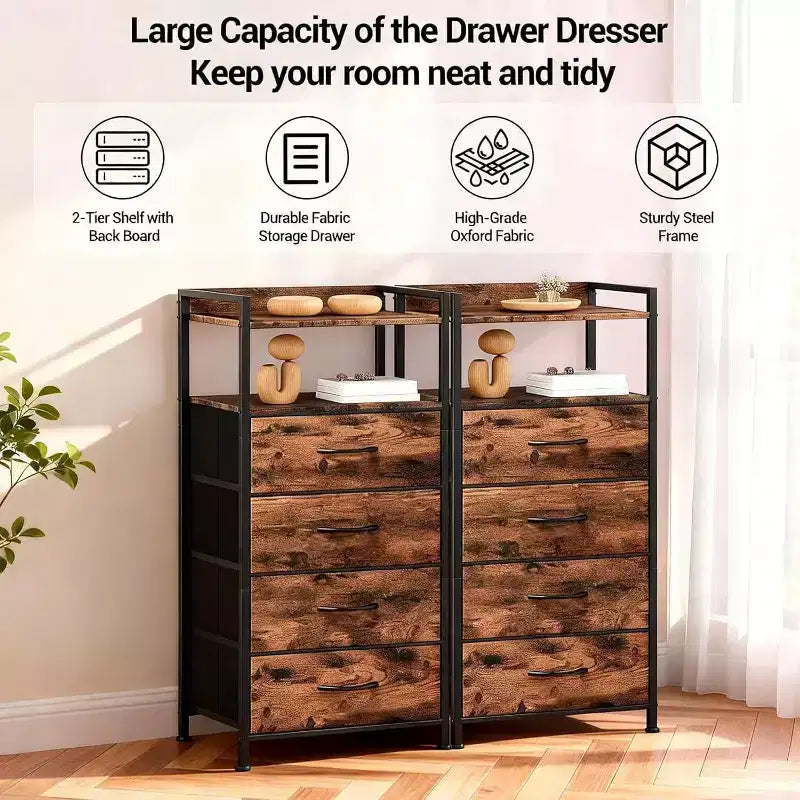 Chest of Drawers for Bedroom, Storage Organizer Unit with 4 Drawers and Open Shelf, Metal Frame, Modern Dresser for Living Room