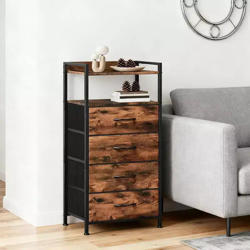 Chest of Drawers for Bedroom, Storage Organizer Unit with 4 Drawers and Open Shelf, Metal Frame, Modern Dresser for Living Room