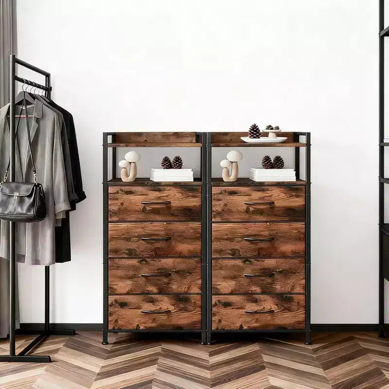 Chest of Drawers for Bedroom, Storage Organizer Unit with 4 Drawers and Open Shelf, Metal Frame, Modern Dresser for Living Room