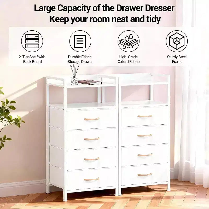 Chest of Drawers for Bedroom, Storage Organizer Unit with 4 Drawers and Open Shelf, Metal Frame, Modern Dresser for Living Room