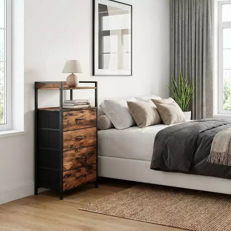 Chest of Drawers for Bedroom, Storage Organizer Unit with 4 Drawers and Open Shelf, Metal Frame, Modern Dresser for Living Room