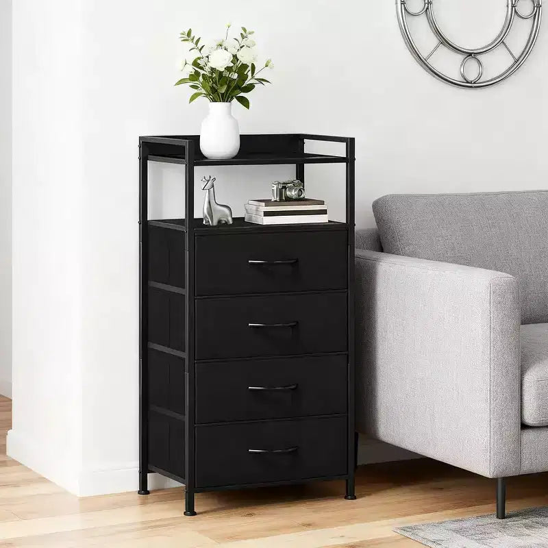 Chest of Drawers for Bedroom, Storage Organizer Unit with 4 Drawers and Open Shelf, Metal Frame, Modern Dresser for Living Room