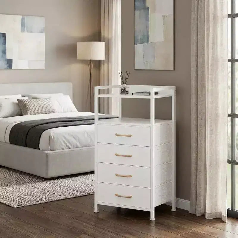 Chest of Drawers for Bedroom, Storage Organizer Unit with 4 Drawers and Open Shelf, Metal Frame, Modern Dresser for Living Room