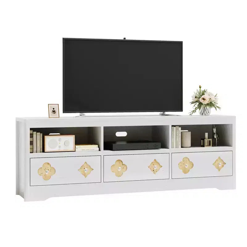 70 TV Stand for TVs Up to 85, Mid Century Modern Entertainment Center with Storage Engraving Drawer and Open Shelves, for Living Room, Bedroom