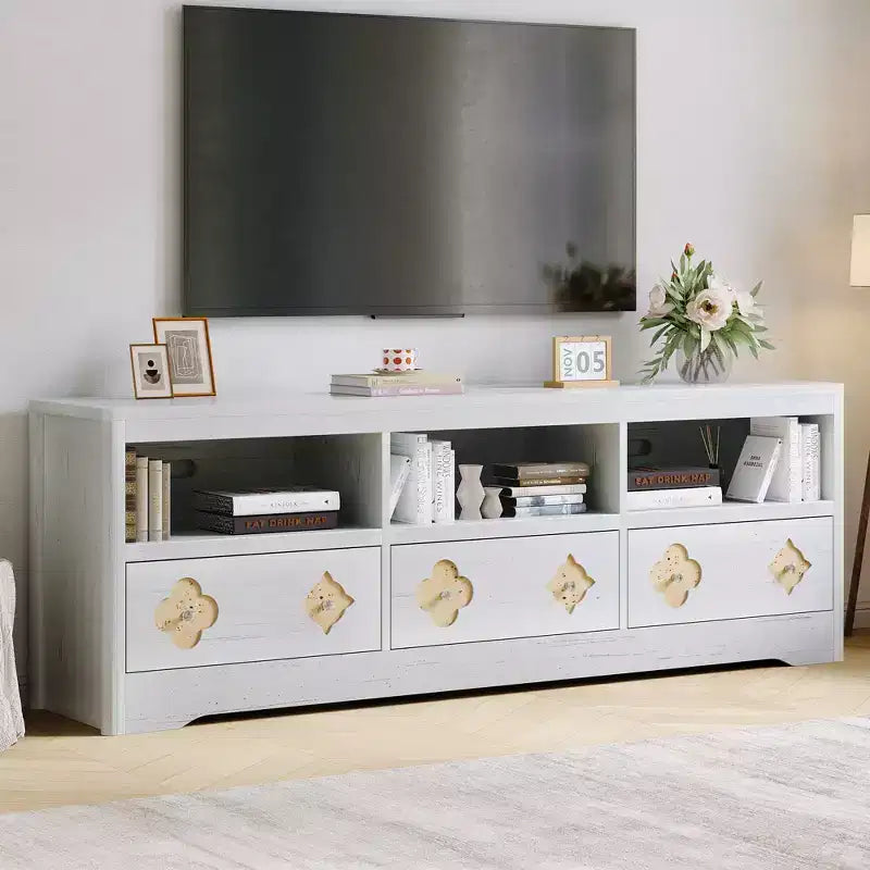 70 TV Stand for TVs Up to 85, Mid Century Modern Entertainment Center with Storage Engraving Drawer and Open Shelves, for Living Room, Bedroom