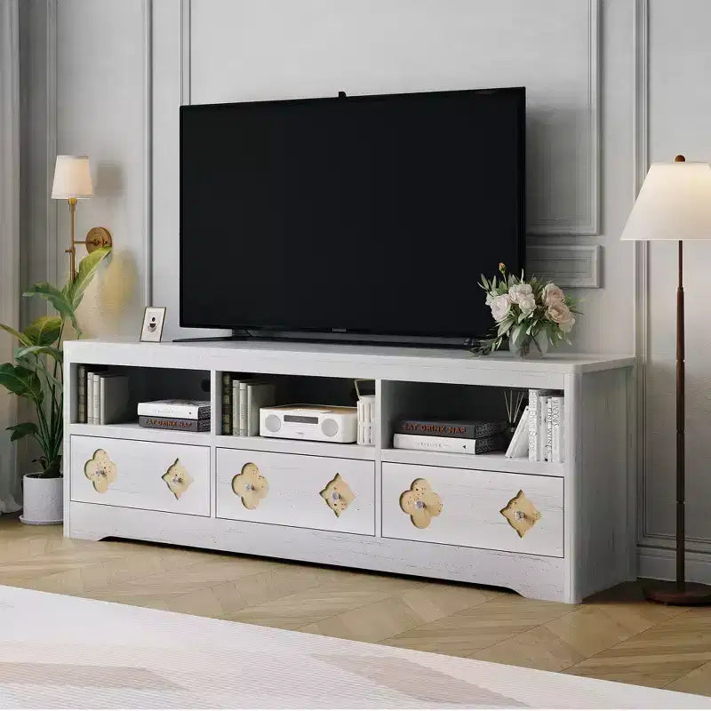 70 TV Stand for TVs Up to 85, Mid Century Modern Entertainment Center with Storage Engraving Drawer and Open Shelves, for Living Room, Bedroom
