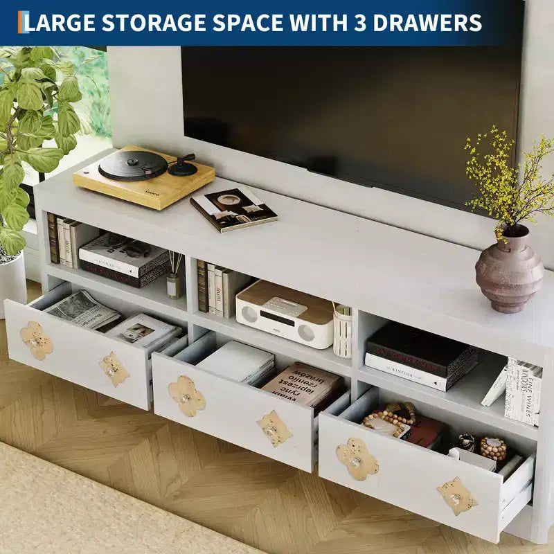 70 TV Stand for TVs Up to 85, Mid Century Modern Entertainment Center with Storage Engraving Drawer and Open Shelves, for Living Room, Bedroom