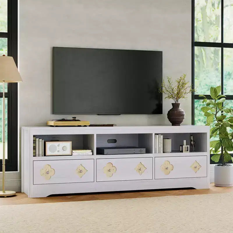 70 TV Stand for TVs Up to 85, Mid Century Modern Entertainment Center with Storage Engraving Drawer and Open Shelves, for Living Room, Bedroom