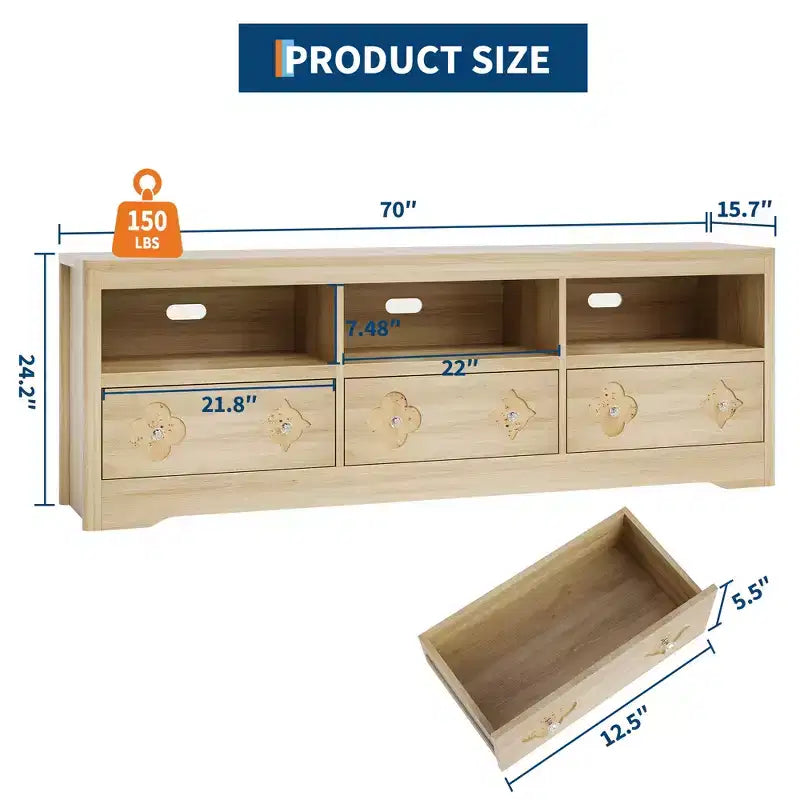70 TV Stand for TVs Up to 85, Mid Century Modern Entertainment Center with Storage Engraving Drawer and Open Shelves, for Living Room, Bedroom