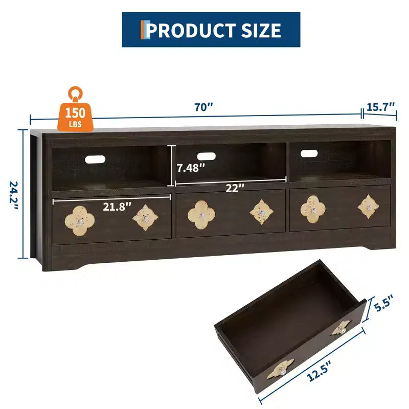 70 TV Stand for TVs Up to 85, Mid Century Modern Entertainment Center with Storage Engraving Drawer and Open Shelves, for Living Room, Bedroom