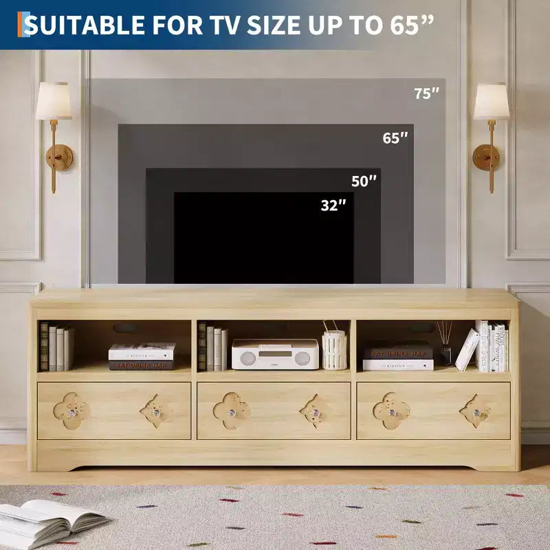 70 TV Stand for TVs Up to 85, Mid Century Modern Entertainment Center with Storage Engraving Drawer and Open Shelves, for Living Room, Bedroom