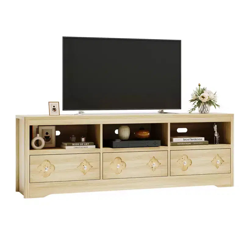 70 TV Stand for TVs Up to 85, Mid Century Modern Entertainment Center with Storage Engraving Drawer and Open Shelves, for Living Room, Bedroom