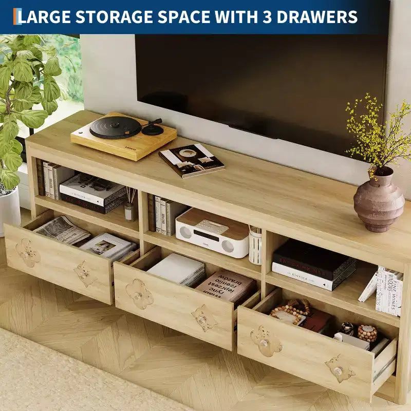 70 TV Stand for TVs Up to 85, Mid Century Modern Entertainment Center with Storage Engraving Drawer and Open Shelves, for Living Room, Bedroom