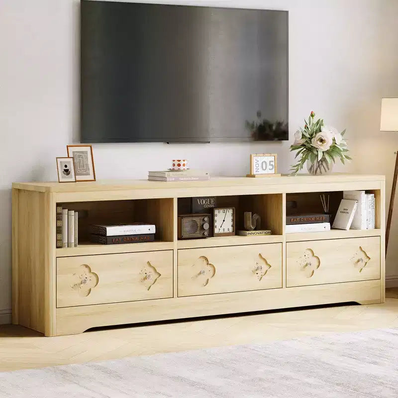 70 TV Stand for TVs Up to 85, Mid Century Modern Entertainment Center with Storage Engraving Drawer and Open Shelves, for Living Room, Bedroom