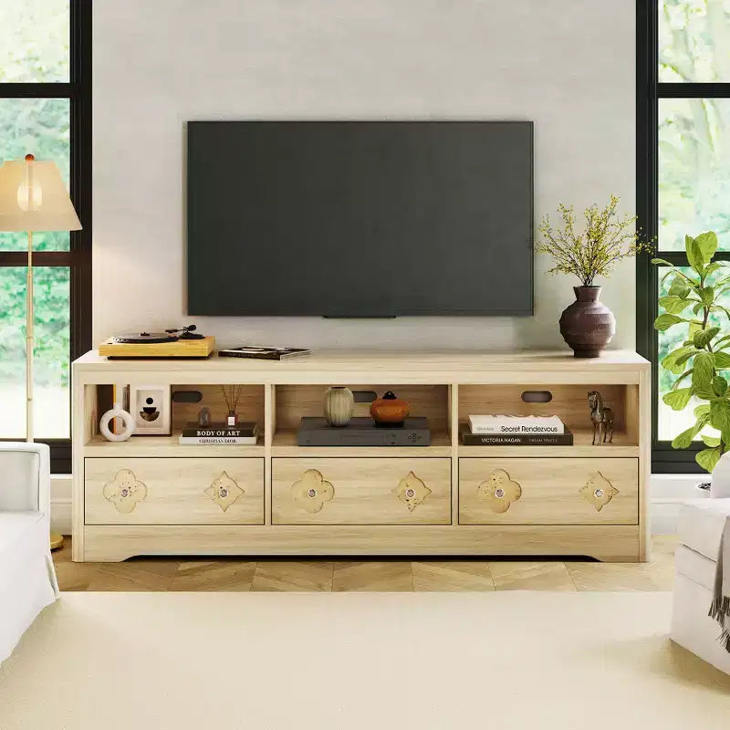 70 TV Stand for TVs Up to 85, Mid Century Modern Entertainment Center with Storage Engraving Drawer and Open Shelves, for Living Room, Bedroom