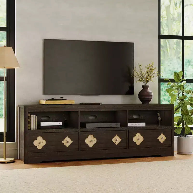 70 TV Stand for TVs Up to 85, Mid Century Modern Entertainment Center with Storage Engraving Drawer and Open Shelves, for Living Room, Bedroom